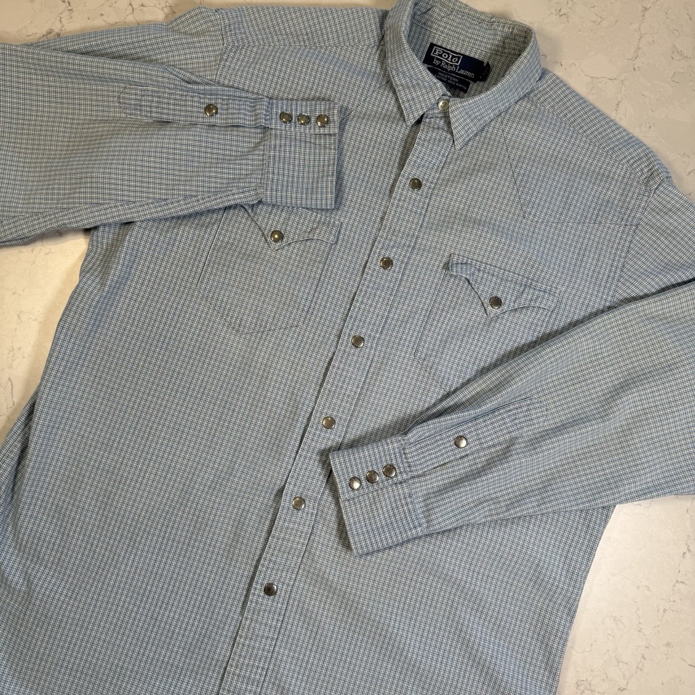 Polo Ralph Lauren Western Shirt Mens  Blue Plaid Pearl Snap Long Sleeve Yoke  L